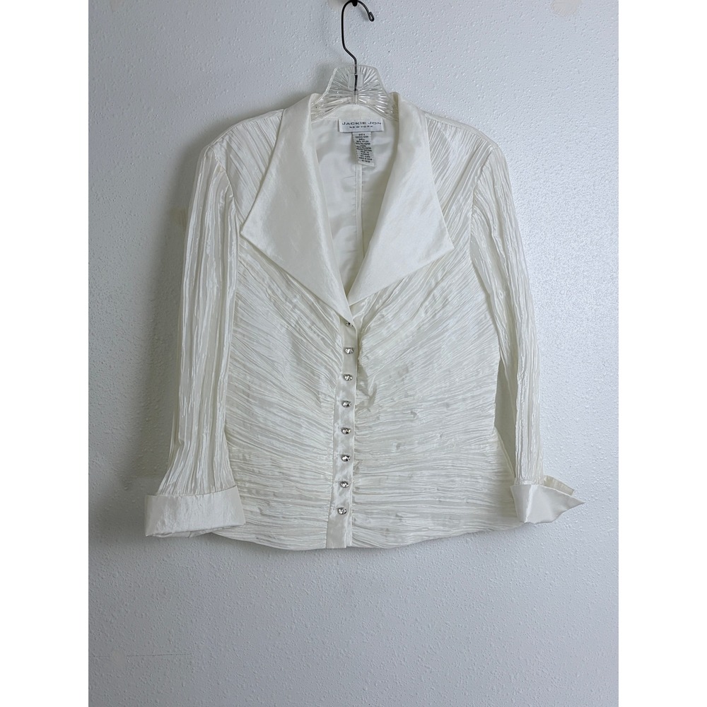 Jackie Jon New York White Crinkle Blouse Rhinestone Buttons Womens Size 8
